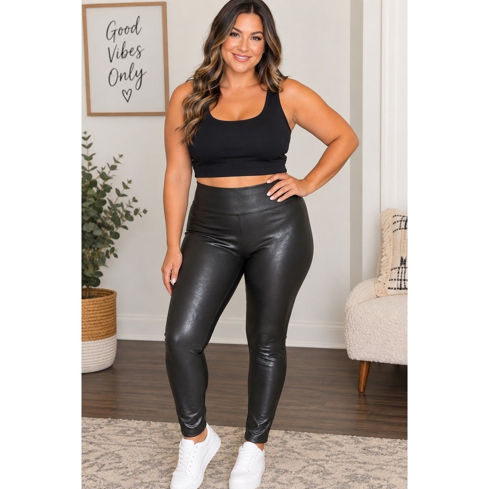 Spanx Faux Leather Leggings Womens M Black High Waistband Contoured Power Sexy